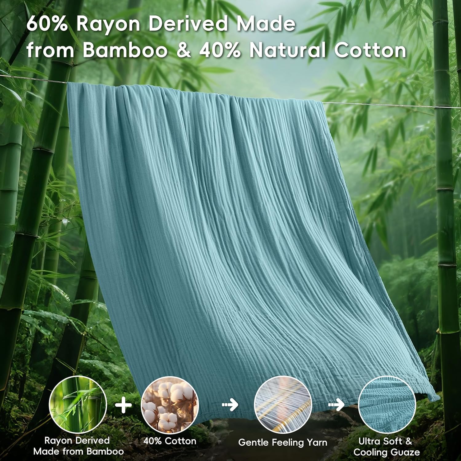 David's Home Soft Cooling Muslin Blanket King Size, 60% Rayon Derived from Bamboo 40% Cotton, Breathable Lightweight Cool Blanket for Hot Sleepers, 4-Layer Cozy Gauze for Bed, 108x90, Teal